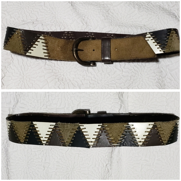 Vintage 90s Heavy Chunky Suede/Leather Patchwork And Brass Hip Belt, Size 36/34 main image 14